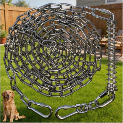 Heavy Duty Dog Tie Out Chain with Spring for Large Dogs, Stainless Steel 4MM 200LBS Chew Proof Shock Absorbing Dog Lead Cable for Yard Outside, No Tangle(1 Spring+Chain/15ft) - size: 1 Spring+Chain/15ft/4mm/200lbs