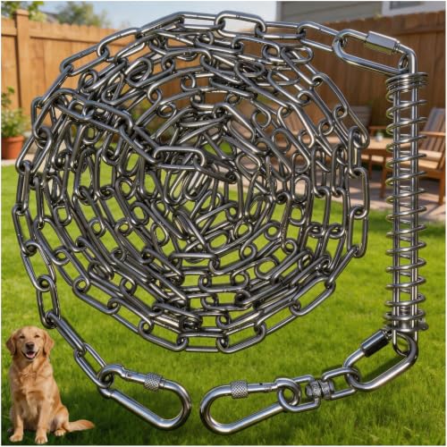 Heavy Duty Dog Tie Out Chain with Spring for Large Dogs, Stainless Steel 4MM 200LBS Chew Proof Shock Absorbing Dog Lead Cable for Yard Outside, No Tangle(1 Spring+Chain/15ft) - size: 1 Spring+Chain/15ft/4mm/200lbs