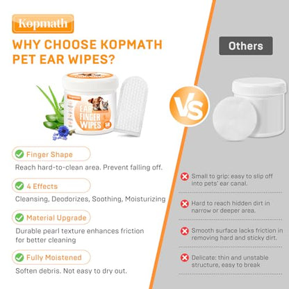Ear Cleaner Finger Wipes for Dogs & Cats, Gently Clean Earwax & Dirt, Soothe Ear Itching, Easy to Use, Natural Pet Ear Wipe for Dog, Unscented, 100 Disposable Count