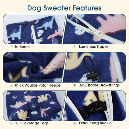 ROZKITCH Dog Winter Coat Soft Fleece Dog Pajamas, Pet Windproof Warm Cold Weather Jacket Vest with Reflective Zipper, Jumpsuit Apparel Outfit Clothes for Medium Dog Dinosaur S - color: BlueDinosaur, size: S