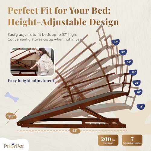 Dog Ramp for Bed with Safety Rails for High Beds up to 37" – Extra Wide 19.5" Adjustable Dog Bed Ramp for Large Dogs up to 200 lbs – Solid Birchwood, Non-Slip Rubber Surface, Foldable Design – Walnut - color: Walnut