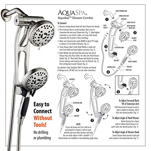 High Pressure 48-mode Luxury 3-way Combo with Adjustable Extension Arm – Dual Rain & Handheld Shower Head – Extra Long 6 Foot Stainless Steel Hose – All Brushed Nickel Finish – Top US Brand - color: Brushed Nickel