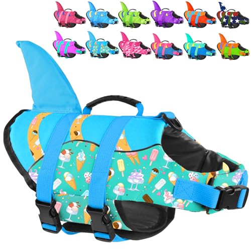 Fragralley Shark Fin Dog Life Jacket High Buoyancy, Adjustable Dog Life Vest with Quick Release Buckles & Rescue Handle for Swimming Boating, Small Medium Large Dogs - color: Shark-Turquoise+Ice cream, size: X-small
