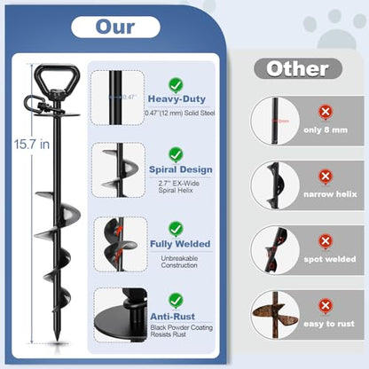 Tinnmao Heavy Duty Dog Tie Out Cable & Spiral Stake, 30 FT Tether with 15.7" (40cm) 12mm Coated Carbon Steel Screw-in Anchor (7cm Helix), Dual Swivel + Shock Spring, Outdoor Tie Out for Yard & Camping