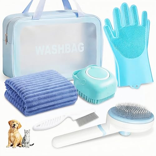 6PCS Dog Bath Kit & Dog Brush Kit for Dogs & Cats - Professional Pet Grooming Tools Set with Shedding Brush, Bath Scrubber, Dematting Comb & Storage Bag - Complete Dog Washing Essentials, Blue - color: 6PCS-Blue