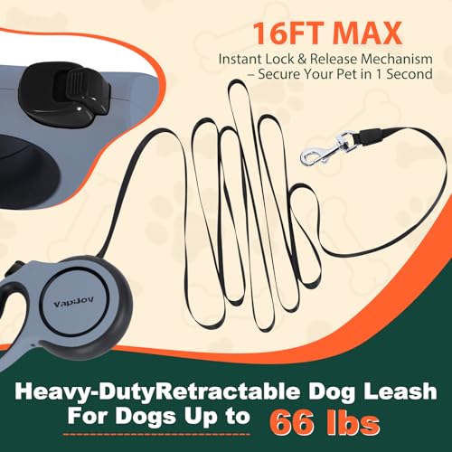 Retractable Dog Leash, 16ft Heavy Duty Retractable Pet Leash with Poop Bag Holder, 360° Tangle-Free for Small Medium Large Dogs Up to 66lbs, Anti-Slip Handle, One-Handed Brake Pause Lock（Gray） - color: Gray, size: 16ft up to 66lbs