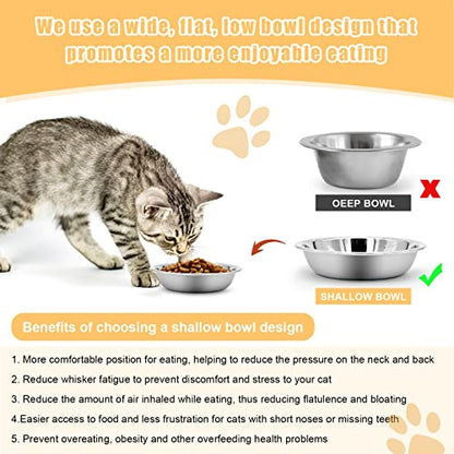Stainless Steel Cat Bowl-Shallow Wide Flat Cats Food Bowls,Metal Kitten Dishes Whisker Friendly Fatigue Relief,Replacement Basic Kitty Plates for Elevated Stand,Dishwasher Safe（Set of 5）