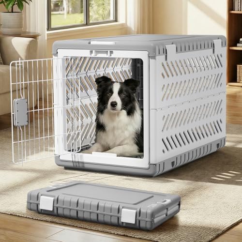Collapsible Dog Crate for Large/Medium Dogs - 36" L Foldable Dog Cage No-Tool Assembly, Travel Dog Crate with 2 Wheels - Easy to Carry, Space-Saving, Indoor Outdoor Use, 36.4"(L) x22.84(W) 25.8"(H) - color: Light Grey, size: 36.4"L x 22.8"W x 25.8"H