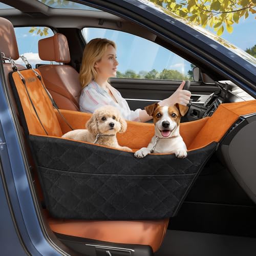 Elevated Dog Car Seat, Dog Booster Car Seats for Small & Medium Breeds Up to 35lbs, Fully Detachable and Washable, Soft Foam Pet Carseat with 2 Storage Pockets & 3 Safety Belts, Black + Brown - color: Black + Brown