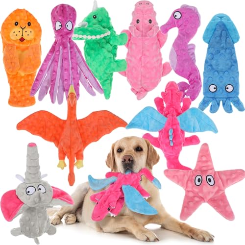Sratte 10 Pcs Soft Dog Squeaky Toys No Stuffing Crinkle Dog Toy for Aggressive Chewers Durable Plush Teething Puppy Squeak Animals Chew for Small Medium Large Pets, 10 Styles(Assorted Style) - style: Assorted Style