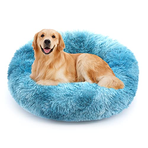 NOYAL Calming Donut Dog Bed for Small to Medium Dogs & Cats - Plush Faux Fur Anti-Anxiety Pet Bed with Machine Washable Cover & Non-Slip Base - color: Gradient Blue, size: Medium 23.6''