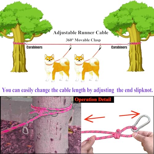 Dog Tie Out Cable for Camping, Adjustable 50/100ft Trolley Runner Cable for Two Dogs up to 300 lbs, Dog Lead Line with 360° Movable Clasp - size: 50ft for 2 dogs
