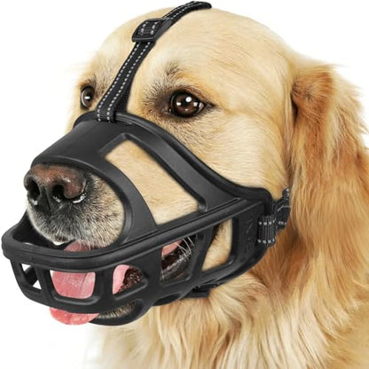 BARKLESS Dog Basket Muzzle for Medium & Large Dogs, Breathable Open Front Mouth Cover with Reflective Strap for Training, Walking Vet Visits, Humane Cage Muzzle Prevent Biting Scavenging (Black, M)