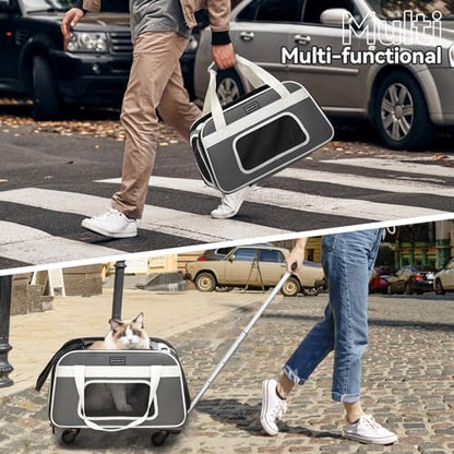 PETSFIT Airline Approved Cat Carrier with Wheels Designed for Small Dogs/Cats with Adjustable Safety Rope & Removable Wheels - color: Medium Gray, size: 20.1"L x 12.2"W x 14.2"H