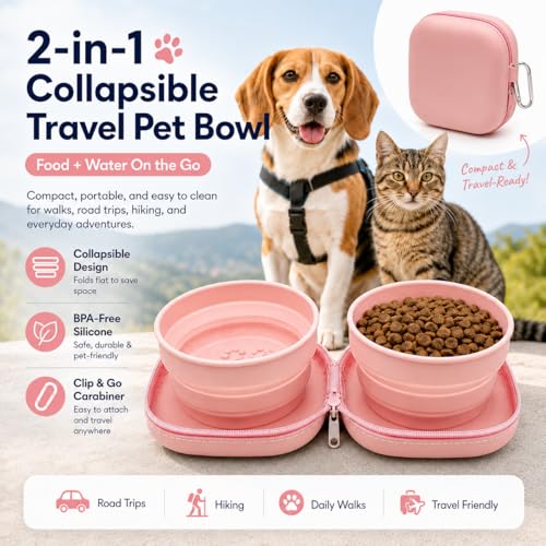 Portable Dog Bowl, Collapsible 2-in-1 Travel Dog Bowls with Carabiner Clip, Silicone Double Pet Food and Water Dish for Outdoor Camping and Hiking (Pink) - color: Pink