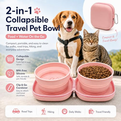 Portable Dog Bowl, Collapsible 2-in-1 Travel Dog Bowls with Carabiner Clip, Silicone Double Pet Food and Water Dish for Outdoor Camping and Hiking (Pink) - color: Pink