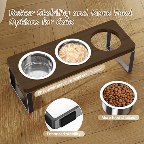 Elevated Cat Bowls with 3 Stainless Steel Bowls | 10° Tilted Anti-Vomiting Raised Cat Food Bowl for Small Cats and Puppies Pet Bowl with Stand（Walnut Color） - color: Walnut color