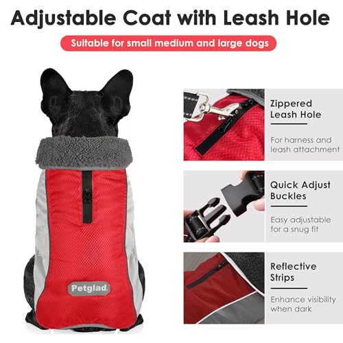 Petglad Dog Coat, Waterproof Ripstop Dog Winter Jacket with Leash Hole, Reflective Adjustable Warm Pet Fleece Snow Sweater for Small Medium Large Dogs - Red, XL - color: Red, size: XL
