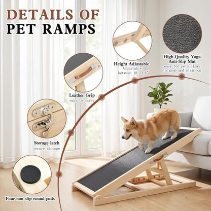 Dog Ramp for Bed Couch Car, 39.4" Long Wooden Steps for Small Pets | 6 Heights 18"-23.6", Holds 200 lbs, Foldable, No Assembly, For Older/Injured Small Pets, Solid Wood, Anti-slip Yoga Mat - size: 39.4"L x 14.5"W x 3.3"H