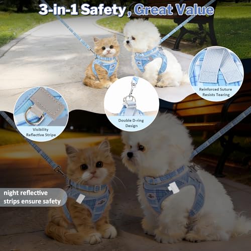 Gyuzh No Pull Dog Harness - 3-in-1 Step in Harness Collar Leash Set for Small Dog Walking & Training, Easy Walk Style, Lightweight Plaid Vest (Blue, M) - color: Blue, size: M