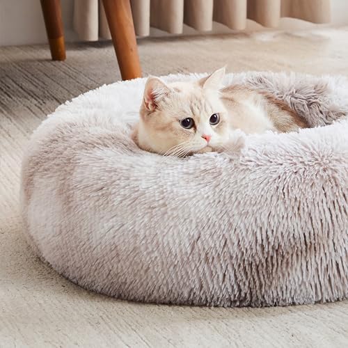 WESTERN HOME WH Calming Dog & Cat Bed, Anti-Anxiety Donut Cuddler Warming Cozy Soft Round Bed, Fluffy Faux Fur Plush Cushion Bed for Small Medium Dogs and Cats - color: White Grey, size: 20.0"l x 20.0"w x 6.0"th