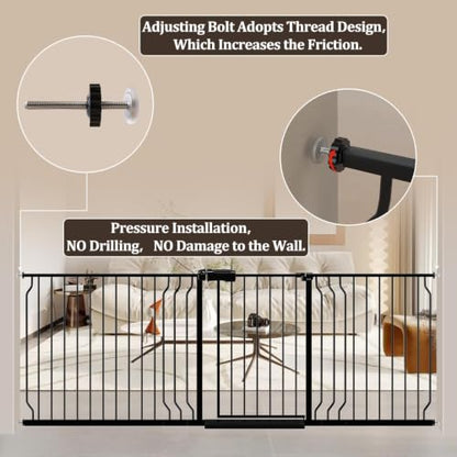 WAOWAO Baby Gate 182-216cm(72-86인치) 엑스트라 와이드 압력 장착 워크 스루 스윙 자동 닫힘 안전 금속 블랙 유아 어린이 개 애완동물 강아지 계단, 출입구, 주방용 - color: 블랙., size: 71.65-85.03"/182-218cm
