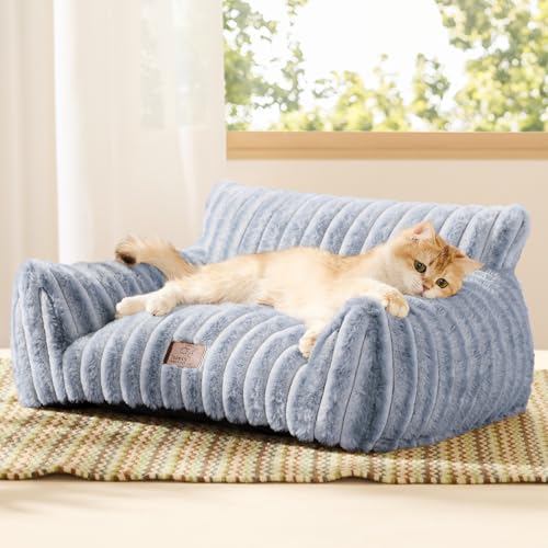 Bedsure ComfyFleece Cute Cat Couch for Pets - Fluffy Cat beds with Premium Soft Corduroy Fleece, Fluffy Cats beds for Indoor Cats with Washable Cover, Supportive Pet Sofa, 24inch, Blue Indigo - color: Blue Indigo, size: 24x18x10"