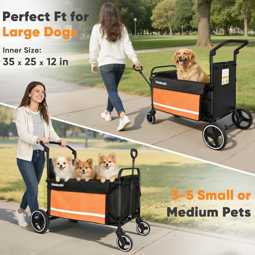 Petbobi Dog Wagon Stroller for Large & Medium Dogs, 2-in-1 Push Pull Pet Cart with Ramp, Foldable Wagon, 360° Swivel Wheels, Adjustable Handles, Safety Leashes, Orange - color: Orange