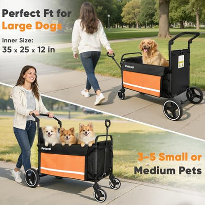 Petbobi Dog Wagon Stroller for Large & Medium Dogs, 2-in-1 Push Pull Pet Cart with Ramp, Foldable Wagon, 360° Swivel Wheels, Adjustable Handles, Safety Leashes, Orange - color: Orange