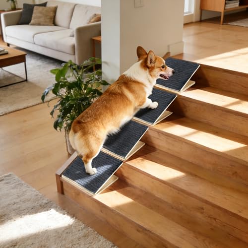 Dog Ramp for Stairs, 4 Pack Wooden Dog Stair Ramps for Small Dogs Only, Foldable Non-Slip Pet Ramp for Indoor Stair Sections, Adjustable Step Support for Senior & Short-Legged Pets - size: 4 Pack