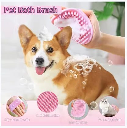 Pet Grooming Kit with Deshedding Brush, Shampoo Dispenser Brush, Bath Gloves & Microfiber Towel - Dog & Cat Bathing Supplies for Shedding Control & Coat Care (Pink)
