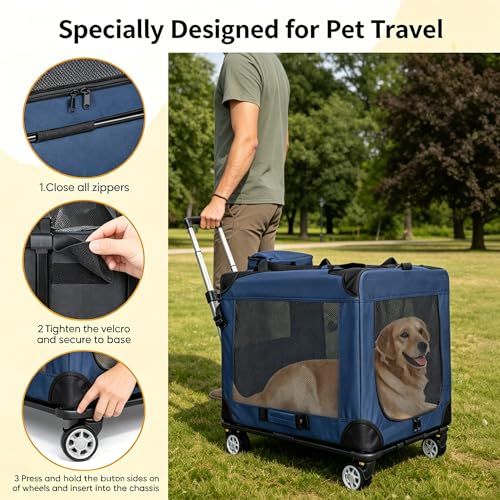2-in-1 Pet Carrier with Detachable Rolling Base, Foldable Soft Sided Dog Crate for Small Medium Dogs & Cats, Pet Travel Carrier with 360° Spinner Wheels, Breathable Mesh Kennel, Up to 40 lbs, Blue