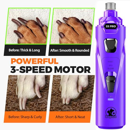 Whisper Quiet Dog Nail Grinder with 4 LED Lights, Safe & Stress-Free for Sensitive Dogs of All Breeds & Sizes, 3 Grinding Bits, 3-Speed, Pet Nail Trimmers, Rechargeable Painless Grooming Kit Purple - color: Purple