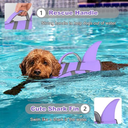 Dogcheer Dog Life Jacket with Shark Fin, High Buoyancy Swim Vest with Top Rescue Handle, Adjustable Reflective Flotation Vest for Swimming, Kayaking, Boating - Taro Purple,XL - color: Taro Purple, size: X-large