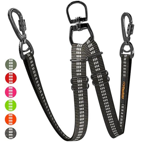 Double Dog Leash – Adjustable Length Long Leash for Dog Training – Dual Reflective Dog Leash with Non-Tangle Design – Heavy Duty Nylon and Metal Buckles – Ideal - color: Black