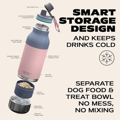 Asobu Buddy Bottle a 스테인리스 스틸 단열 물병, 탈착식 개 물병 및 개 사료 및 간식 보관 그릇 포함 (파스텔 핑크, 963.9g(34온스) - color: 파스텔 핑크
