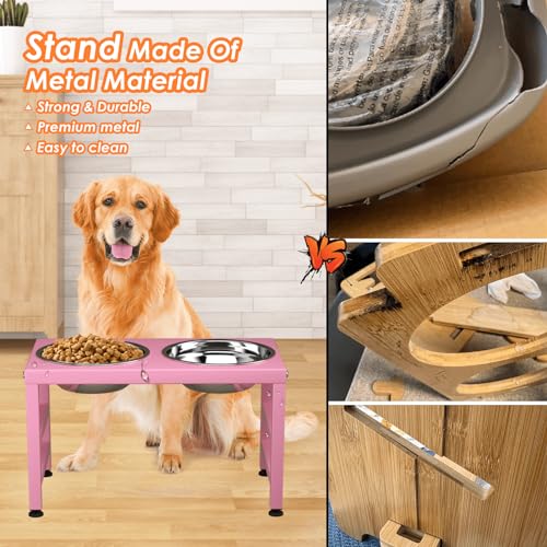 ADENGL Pink Metal Raised Dog Bowl Stand for Large Dogs, Stronger Elevated Dogs Bowls with Sprill Proof Mat, Food & Water Bowl 10in Tall Feeder (42OZ-Stainless Steel Dog Bowls, Mat-12x19 in) - color: Pink - L Silicone Dog Mat, size: Height:10inch