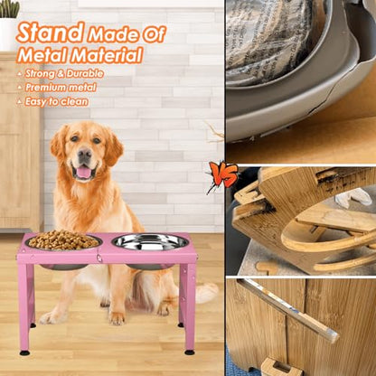 ADENGL Pink Metal Raised Dog Bowl Stand for Large Dogs, Stronger Elevated Dogs Bowls with Sprill Proof Mat, Food & Water Bowl 10in Tall Feeder (42OZ-Stainless Steel Dog Bowls, Mat-12x19 in) - color: Pink - L Silicone Dog Mat, size: Height:10inch