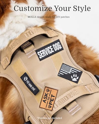 Fei & Eve MagEase 3-Second Magnetic Dog Harness | No-Pull Tactical Vest | Quick-Connect MOLLE w/3 Leash Clips | Heavy-Duty 900D Nylon | Adjustable w/Handle (Medium, Khaki) - color: Khaki, size: M