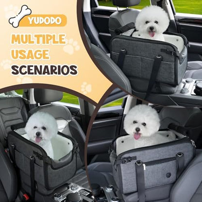 YUDODO 10-18lbs Large Console Dog Car Seat (Width＞9.5in) Fits Truck & SUV, Luxury Puppy Cat Travel Portable Booster Seat with Removable Velvet Cushion, Anti-Slip Pet Car Bed Carseat PU Leather Gray - color: Gray with Cushion, size: L (Truck SUV) (10-18lbs