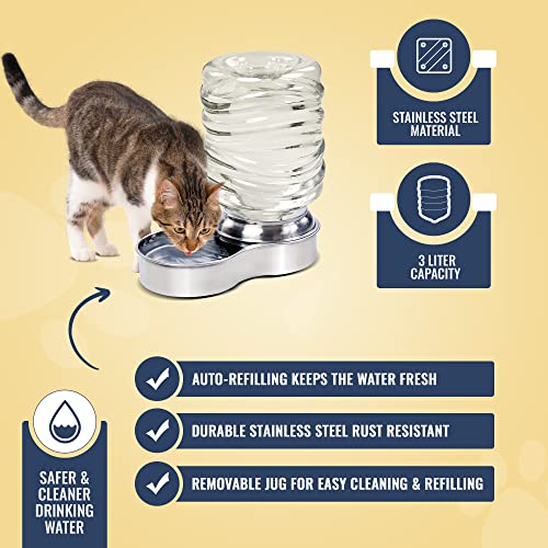 Dog Water Bowl Dispenser - Automatic Slow Refilling System Keeps Stainless Steel Drinking Dish Filled - Refillable 3 Liter Bottle, Non-Skid Feet - Clean, Safe, & Fresh Drink for Pet Dogs
