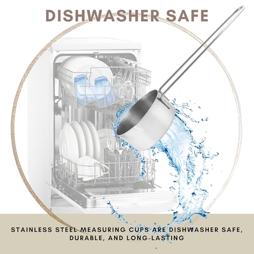 1/2 Cup Stainless Steel Measuring Cup, Long 6" Wire Loop Handle and Pour Spout | Sturdy Metal 125 ml | 125 cc | 4 oz | Single Cup for Wet and Dry Ingredients | Great for use as 1/2 Cup Dog Food Scoop - size: 1/2 Cup Long Handle