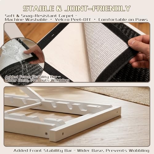 Dog Ramp for Bed - 7-Level Adjustable (13"-37") Birchwood, 60" Foldable Soft Carpet Ramp with Removable Washable Cover & Rails, for High Bed/Couch, DIY Glow Strips, Supports 200 Lbs - color: White - Carpet Style