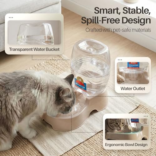 Flexzion Automatic Gravity Pet Waterer for Cat & Dog - Non-Skid & Easy-Clean Auto Replenish Water Dispenser Drinking Bowl (1/4 Gallon/ 900ml), Beige - color: Beige, size: 0.9 L