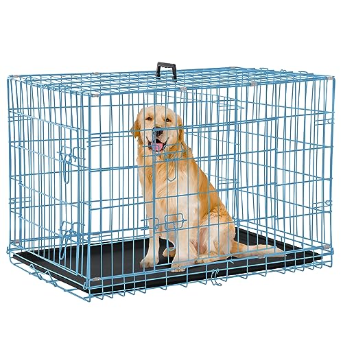 Dog Crate for Large Medium Dogs Folding Dog Kennel Cage with Plastic Tray & Divider 48" Indoor Outdoor Metal Double Door Pet Playpen Heavy Duty Dog Pen Enclosure Blue - color: Blue, size: 48 inch