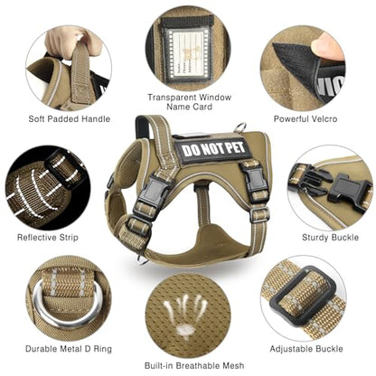 Tactical Dog Harness and Leash Set Small Sized Dog,Heavy Duty No Pull Service Dog Vest and 10 Patches with Dog Seat Belt,Reflective Adjustable Pet Harness for Training Walking Hiking Brown S - color: Brown, size: Small