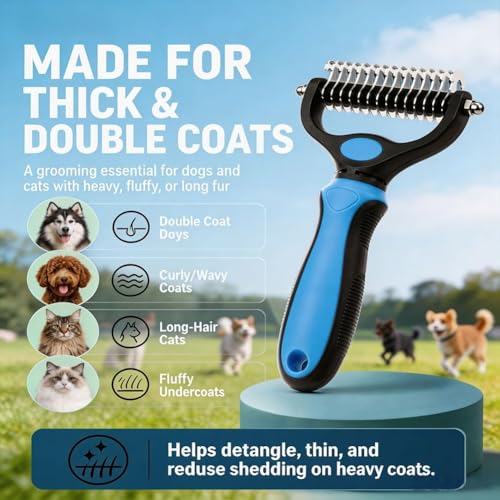 2-In-1Pet Hair Brush - Double-Sided Deshedding Dematting Tool, Undercoat Rake for Dogs & Cats, Extra-Wide Dog Grooming Brush & Deshedder Comb for Long Hair (Blue)
