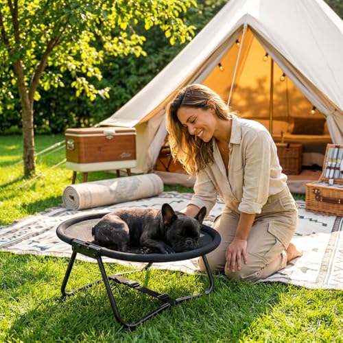 Elevated Dog Bed for Small Medium Dogs & Cats, Foldable Portable Pet Cot with 2 Interchangeable Covers & Storage Bag, Raised Indoor Outdoor Hammock, 22.4", Oval