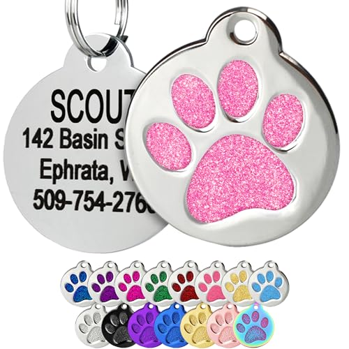 GoTags Paw Print Round Stainless Steel Pet Tag for Dogs and Cats, Personalized with 4 Lines of Custom Engraved ID Name and Number, in Stainless Steel and 15 Colors Small and Large, Glitter Light Pink - color: Glitter Light Pink, size: Small w/o Silencer
