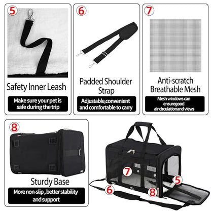Soft Sided Cat/Dog Carrier,Collapsible Pets Travel Carriers for Pet/Puppy with Shoulder Strap & Removable Mat,Mesh Top Load Small Dogs/Cats Carry Bag Up to 17 Lbs TSA Airline Approved（Black,M） - size: M Black